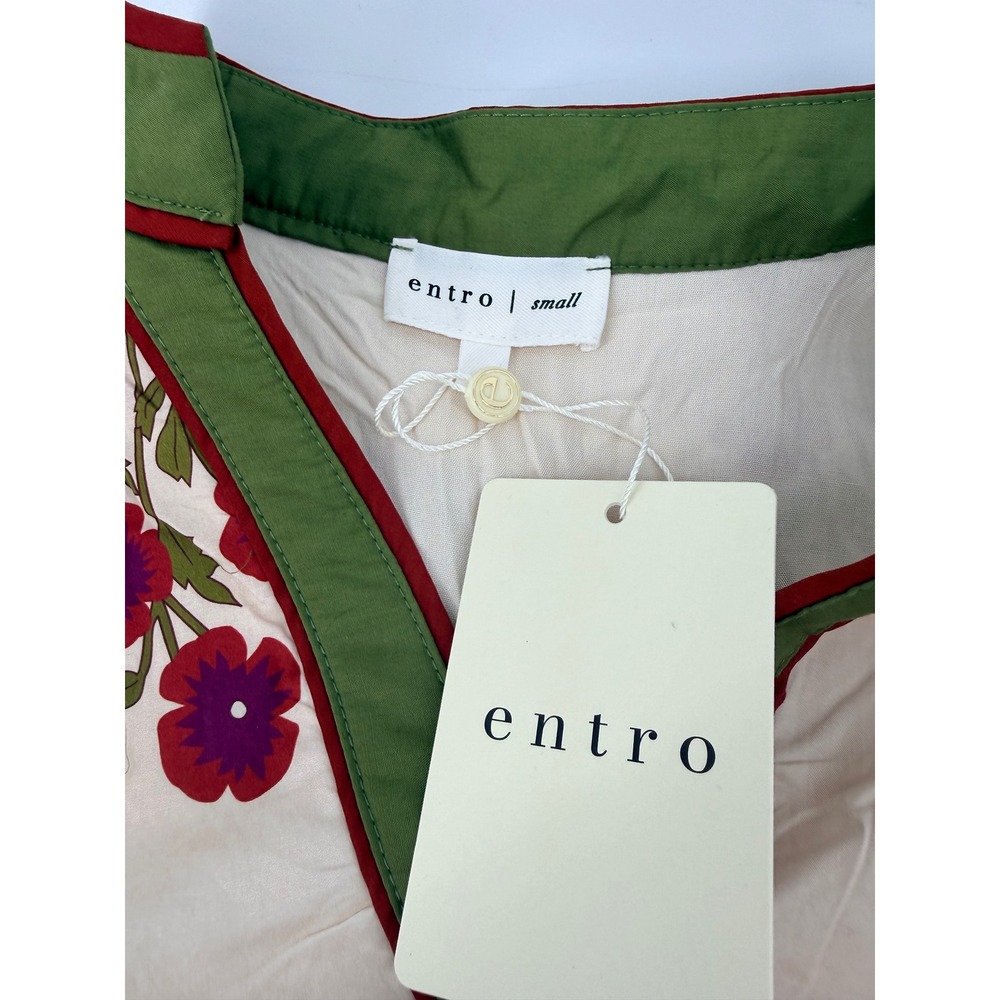 Entro Floral Cotton Mini Dress Green Trim Puff Sleeve Tiered Boho D28297 Small - Picture 5 of 6